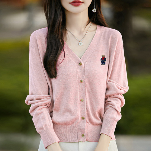 Wholesale knitted cardigan bear embroidered top autumn 24 new style lazy worsted long-sleeved V-neck sweater coat