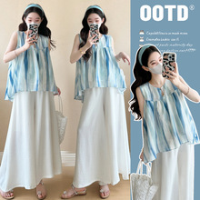 孕妇套装蓝色无袖娃娃衫2025夏季外穿背心吊带孕妇上衣裤裙套装