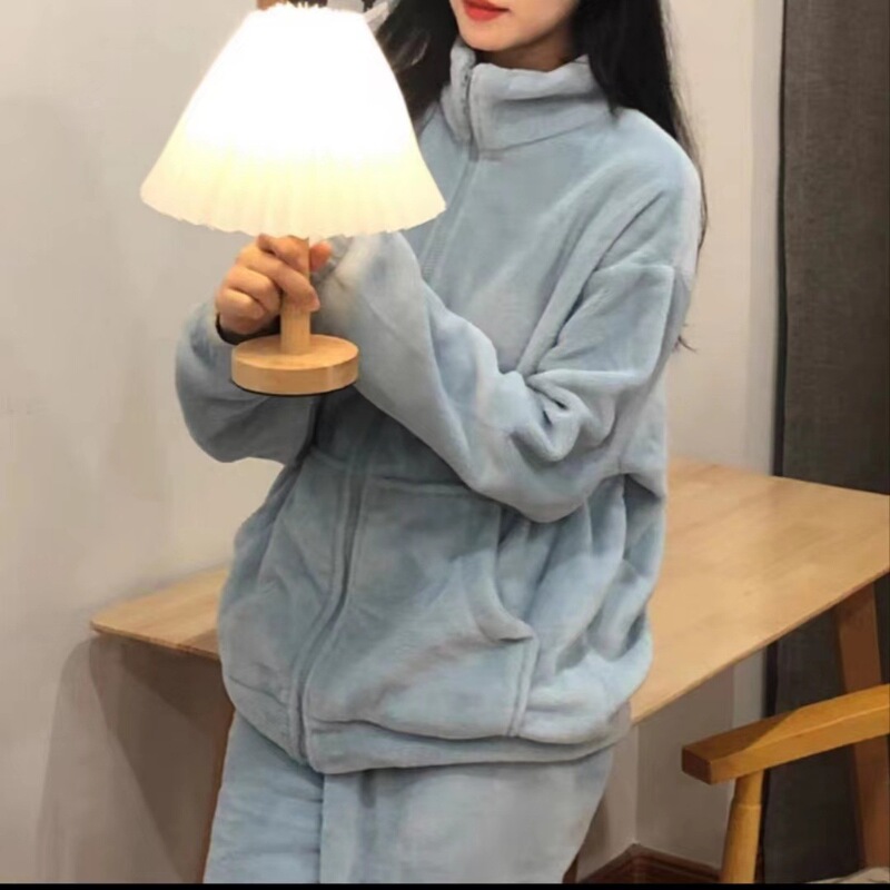 拉链家居服套装女秋冬新款加厚保暖休闲运动睡衣外套暖暖套装简约|undefined