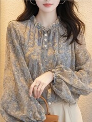 フランスの花のシフォンの上着の女性の春の2025新型の爆発の洋風の独特で独特な高級感の長袖のシャツ