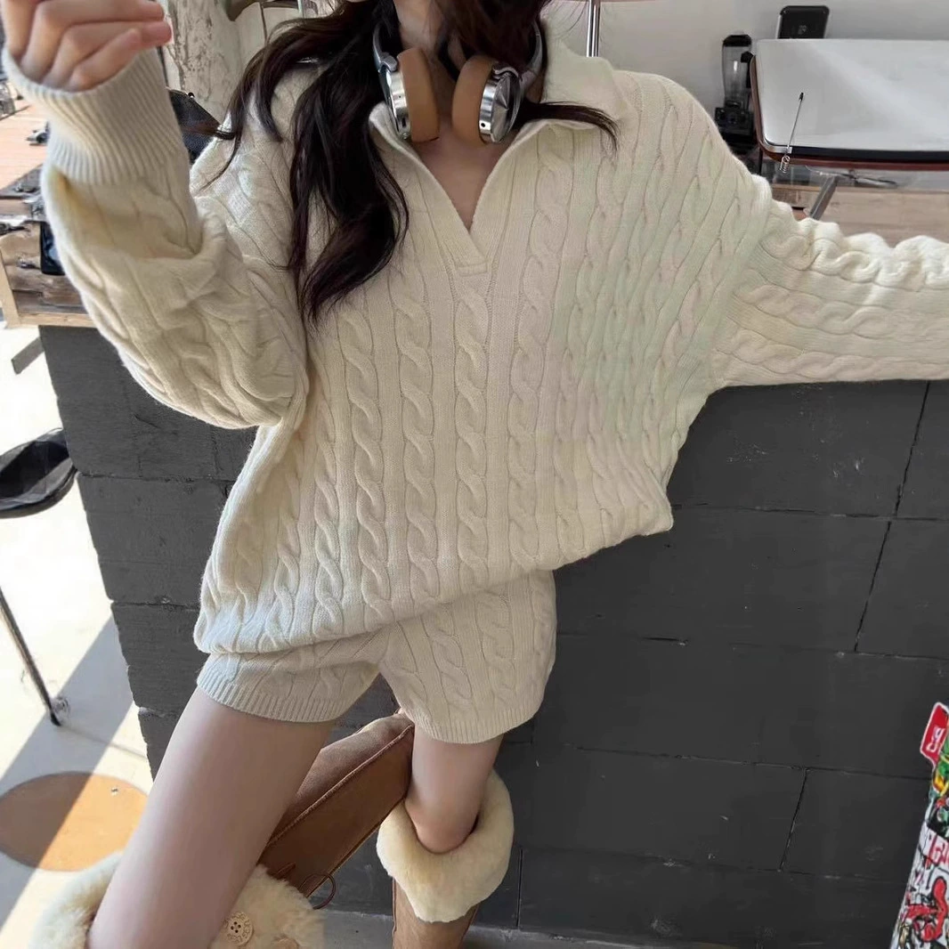 Корейский стиль, воротник-поло, свитер, шорты, костюм-двойка для женщин, осенне-зимний ленивый стиль, вязаный топ, модный модный костюм