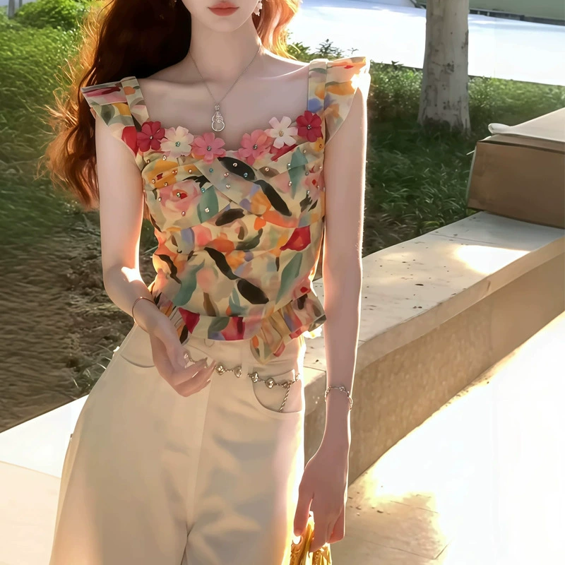 Женский топ-камзол с цветочным орнаментом, сложная масляная живопись, тяжелая вышивка, лето 2025, новый корейский стиль, базовая рубашка-жилет.