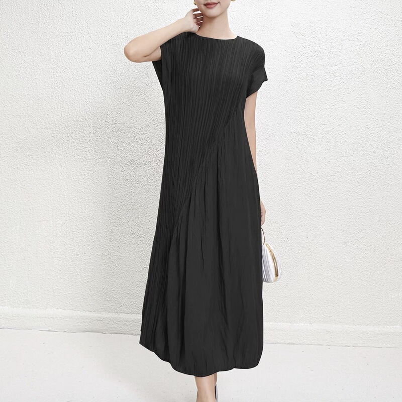 Japanese Issey Miyake Style Summer Pleated Texture Round-Neck Short-Sleeve Long Dress, Slimming Irregular Cut Patchwork Dress Japanese Issey Miyake Style Summer Pleated Texture Round-Neck Short-Sleeve Long Dress, Slimming Irregular Cut Patchwork Dress