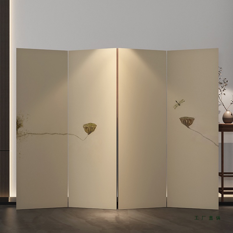 New Chinese Style Screen Partition Living Room Club Tea Room Background Office Removable Simple Zen Lotus Foldable