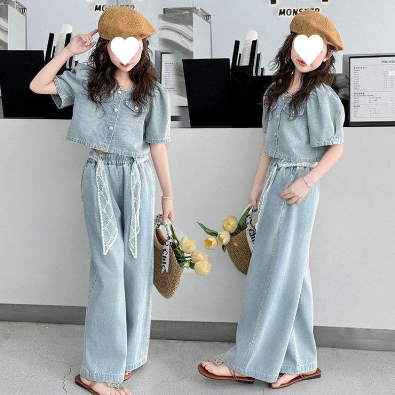 女の子スーツ 2025 新しい子供服トレンディなスタイル中大型子供夏デニム半袖アウター|undefined