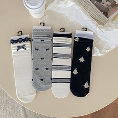 日系无骨可爱卡通小熊袜子女中筒袜ins风灰色堆堆袜25秋冬新款