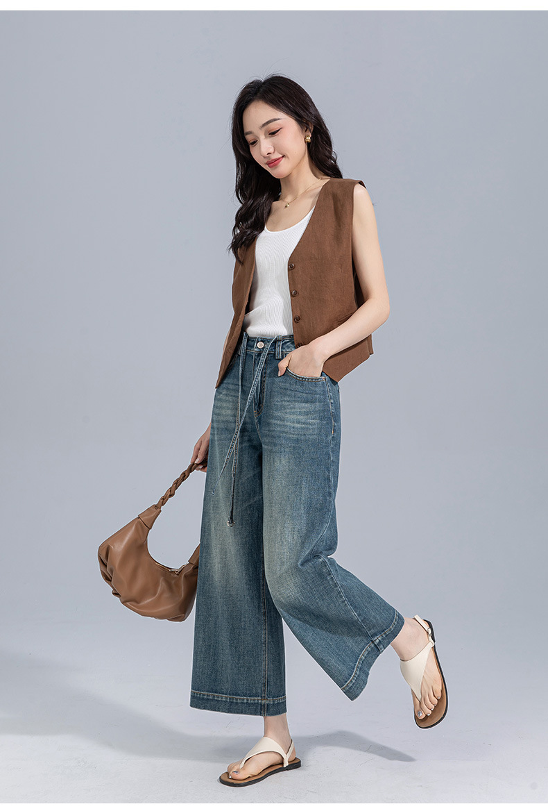 Quần jean ống rộng cạp cao nữ dáng suông ống đứng — Màu xanh lam chi tiết 18