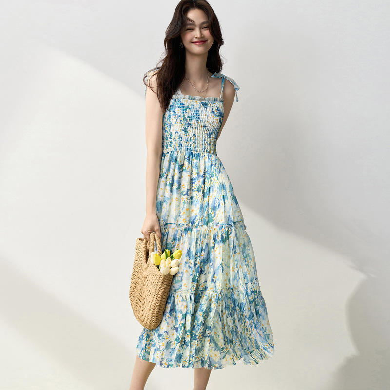 Clearance Sale: New Summer French-Style Fresh Blue Floral Spaghetti Strap Dress, Holiday Style Long Dress with a Large Hem 15344 Clearance Sale: New Summer French-Style Fresh Blue Floral Spaghetti Strap Dress, Holiday Style Long Dress with a Large Hem 15344