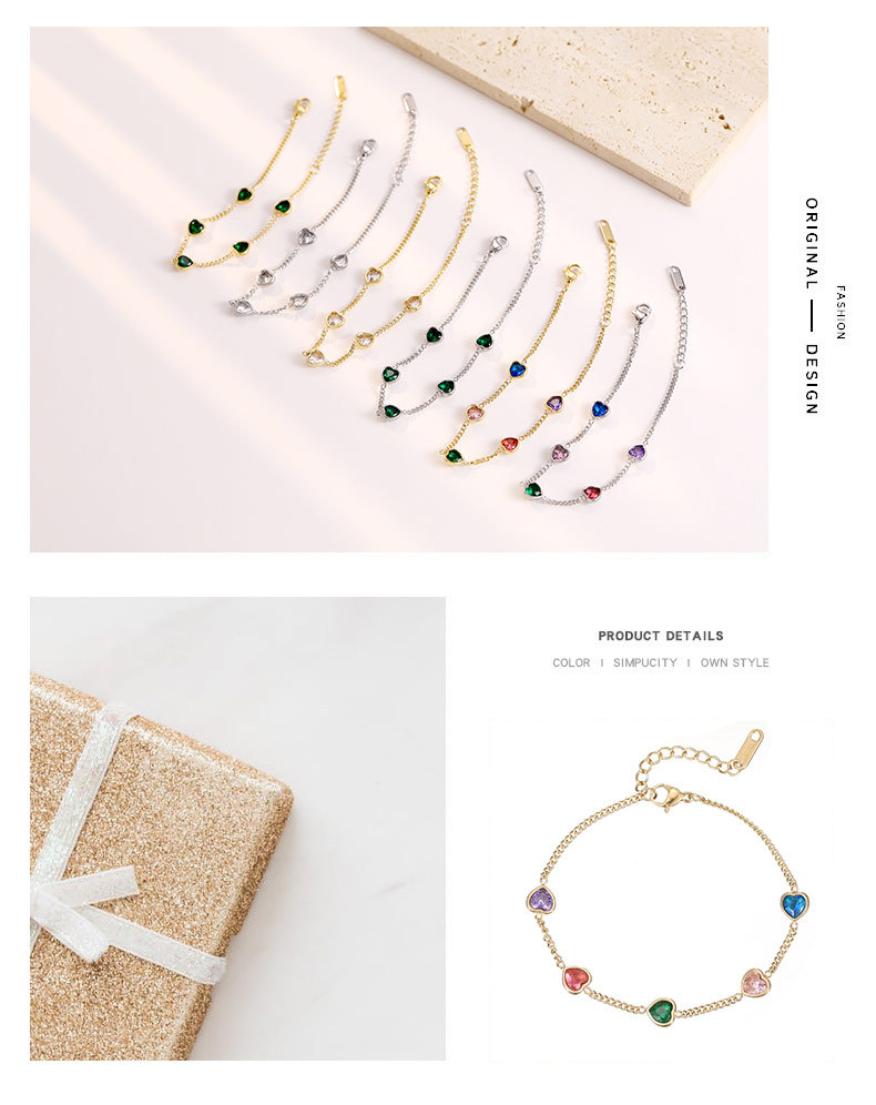 Bracelets Classification 304 Stainless Steel Chain Material 1 Piece Quantity Daily Occasion Sweet Heart Shape 304 Stainless Steel White Gold Plated Gold Plated Zircon Bracelets In Bulk