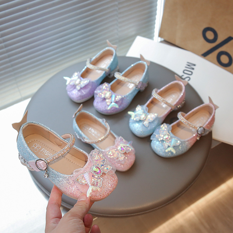 Girls Princess Shoes 2026 New Autumn Children's High Heels Elsa Shoes Girls Crystal Shoes Mermaid Leather Shoes