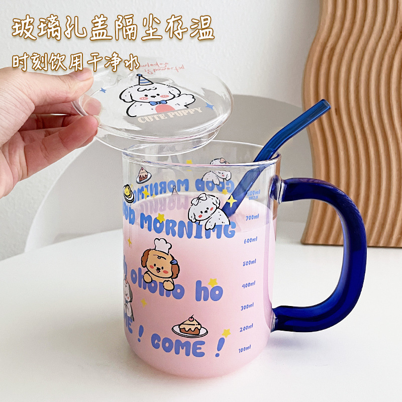 冬のホットミルクカップ高ホウ素シリコンガラスカップ高颜値女性ストロー朝食カップかわいいスケール豆乳カップ|undefined