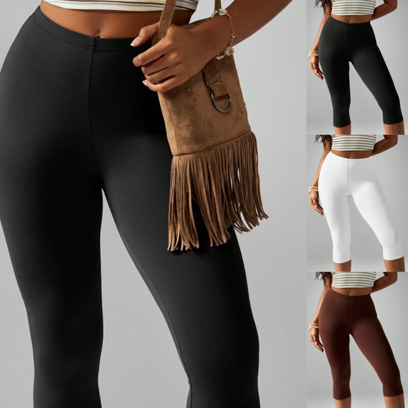Cross-Border 2026 Amazon European and American Summer Women's Elastic Waist Casual Pants Slim Fit Leggings Capri Pants