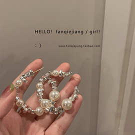 S925银针轻奢小众设计珍珠半圆大耳圈2022年新款韩系简约耳钉女