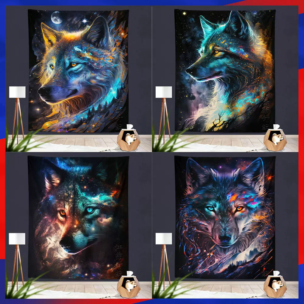彩绘星空狼挂毯 卧室客厅书房装饰壁毯 跨境热卖背景墙挂画布