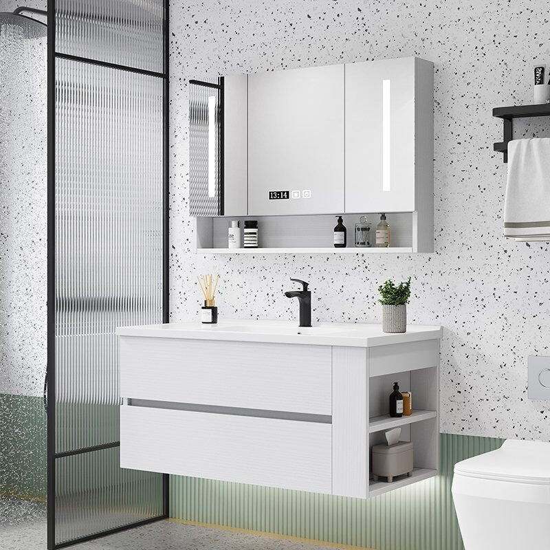Simple modern washbasin with integrated sink, open compartment bathroom cabinet, ceramic integrated basin washstand Simple modern washbasin with integrated sink, open compartment bathroom cabinet, ceramic integrated basin washstand