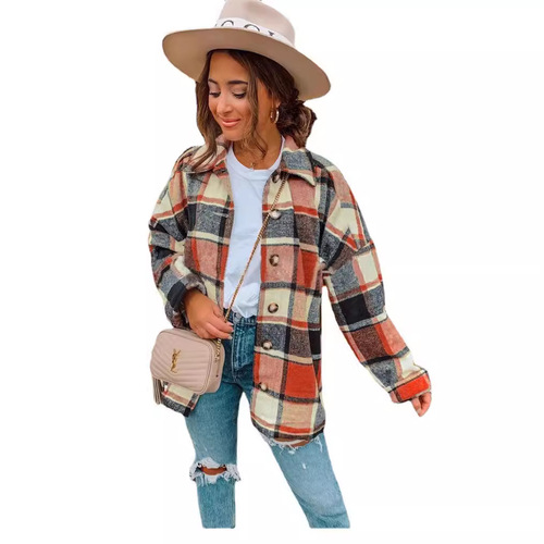 Ins-style autumn street style European and American long-sleeved collar loose women's grid shirt coat