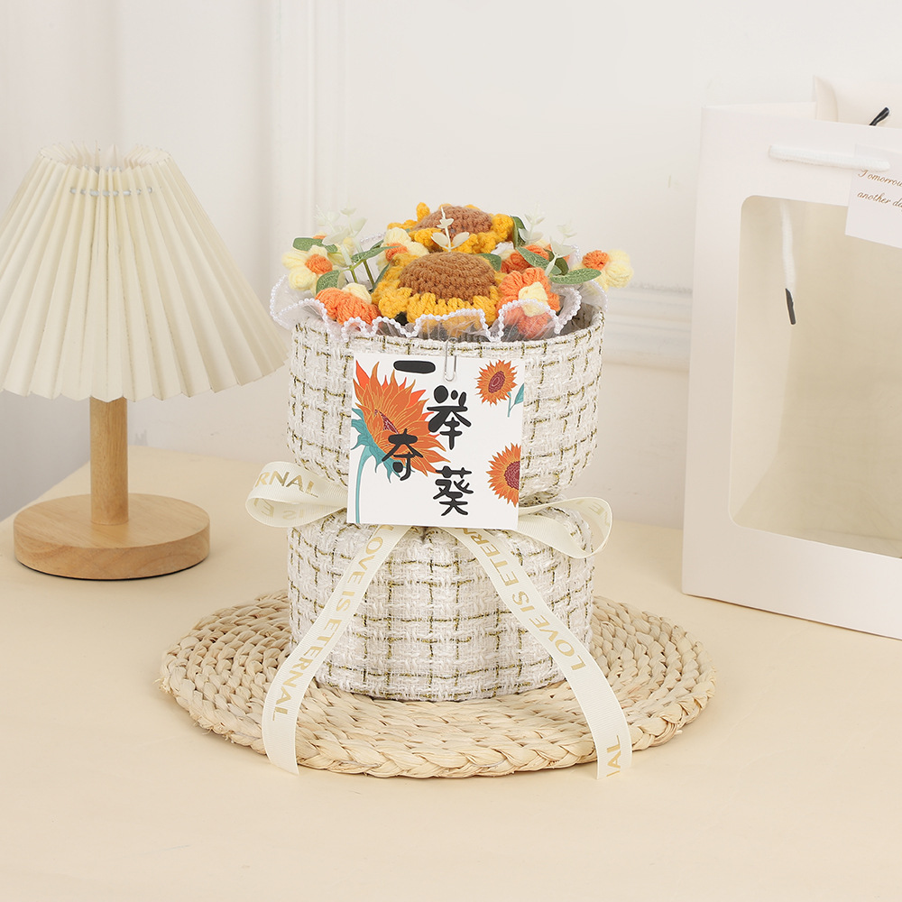 Día de la Madre Clavel de incienso pequeño tejido de flores de punto ramo de lana para esposa, novia, madre, regalo de cumpleaños