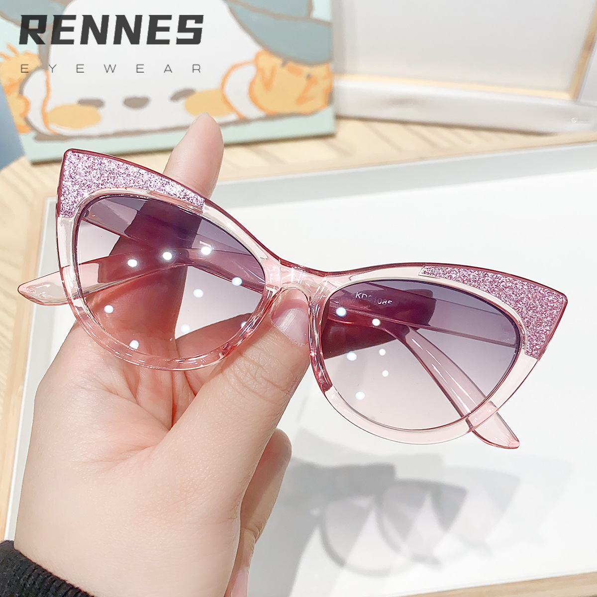 Nuevas gafas de sol de orejas de gato finas y brillantes para niños transfronterizos, color caramelo, gafas de sol al aire libre para bebés lindos