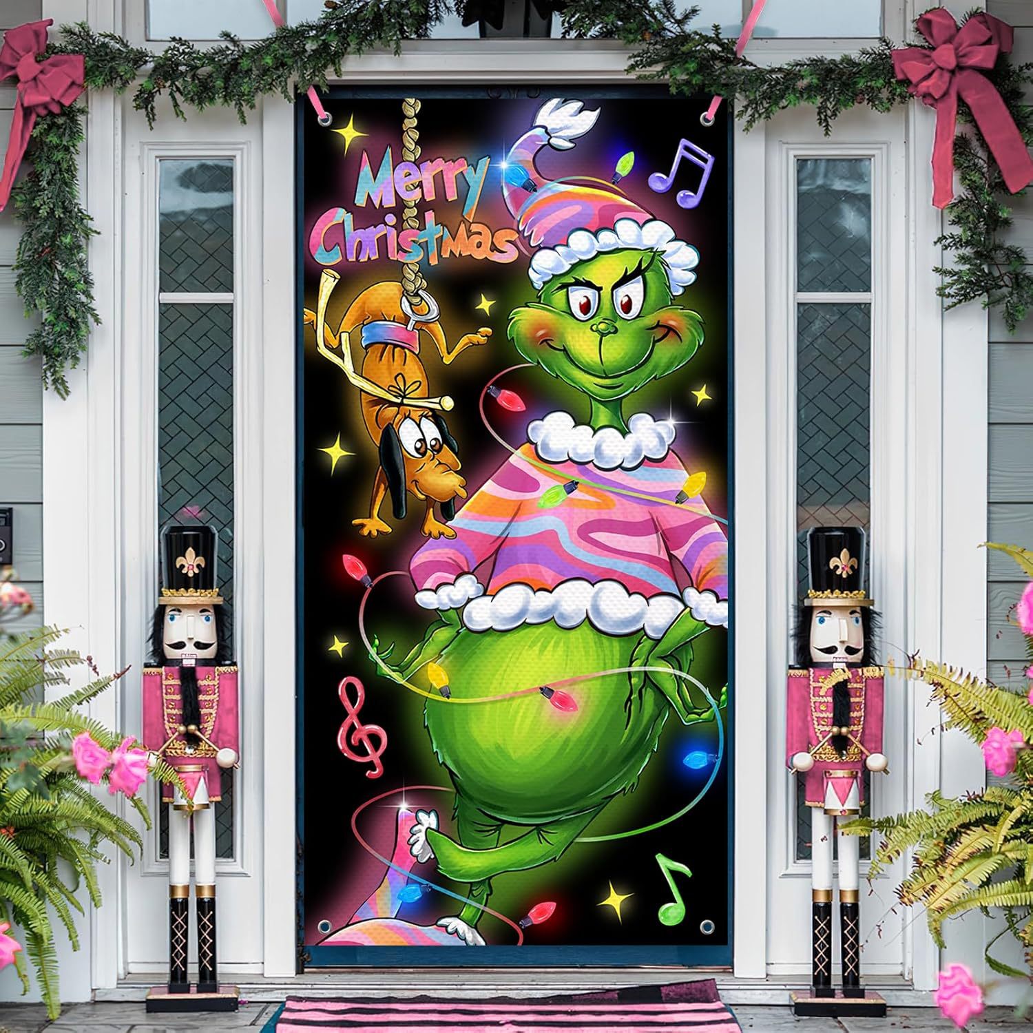 크리스마스 GRINCH 녹색 모피 괴물 매달려 배경 천 장식 아마존 도어 커버 매달려 천 국경 문 커버 태피스트리