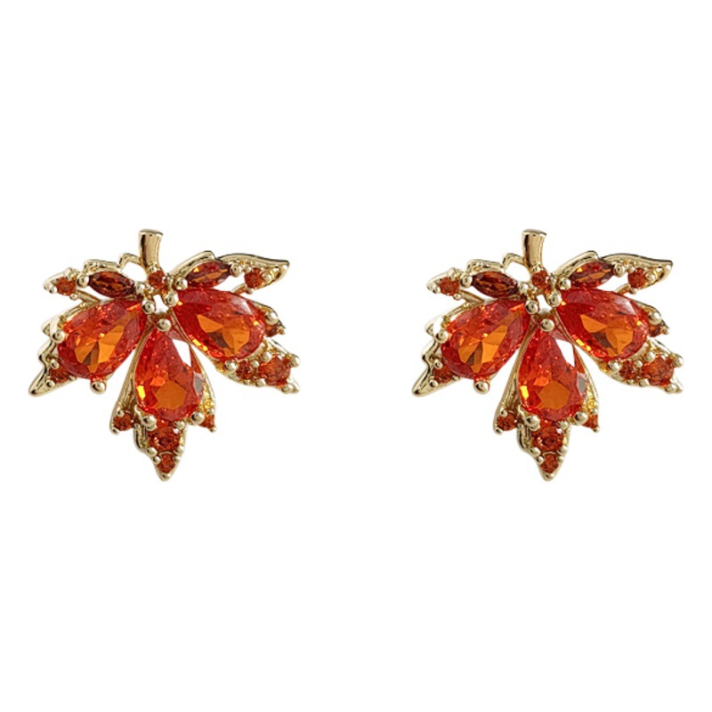 [Hoja de arce] Micro con incrustaciones de circón ~ aretes de hoja de arce rojo hembra 925 aguja de plata chapada 14K nicho pendientes personalizados pendientes