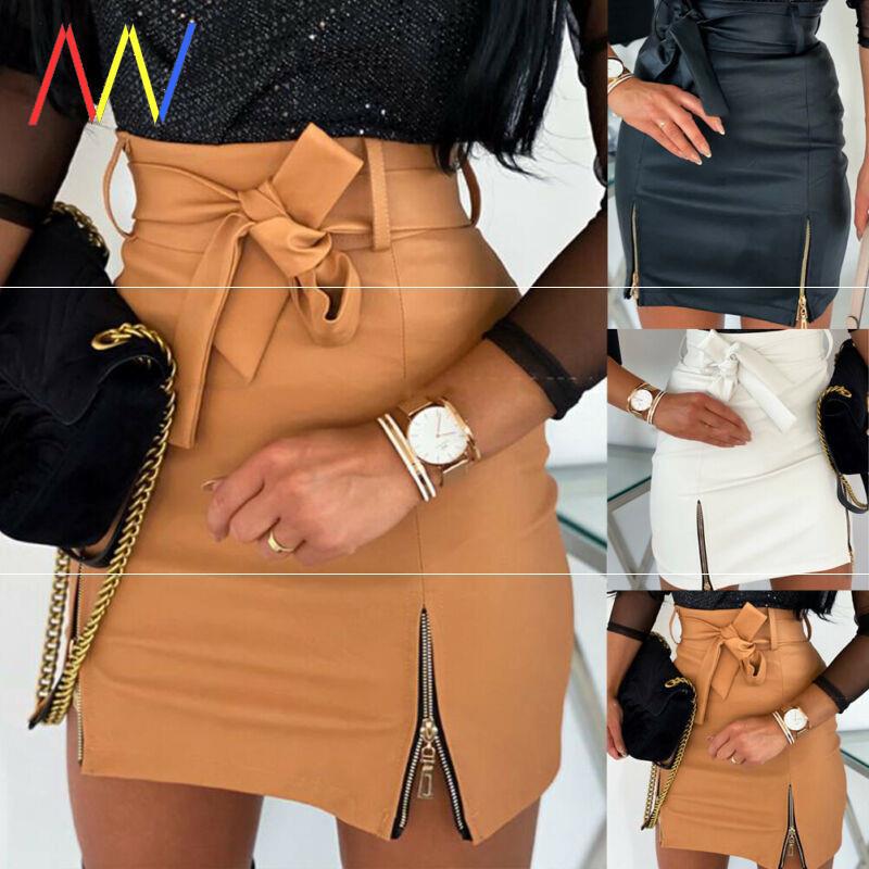 2020 Women Bandage PU Leather Skirt Ladi...