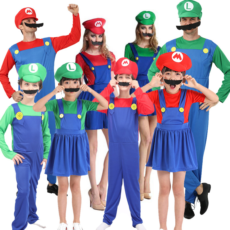 Traje de Halloween cos anime padre-hijo juego de rol adulto niños Mario traje Super Mary ropa image 1