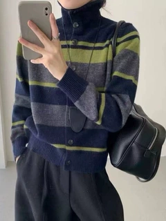 通勤风高领撞色条纹纯羊毛开衫外搭女秋冬宽松打底针织衫毛衣外套