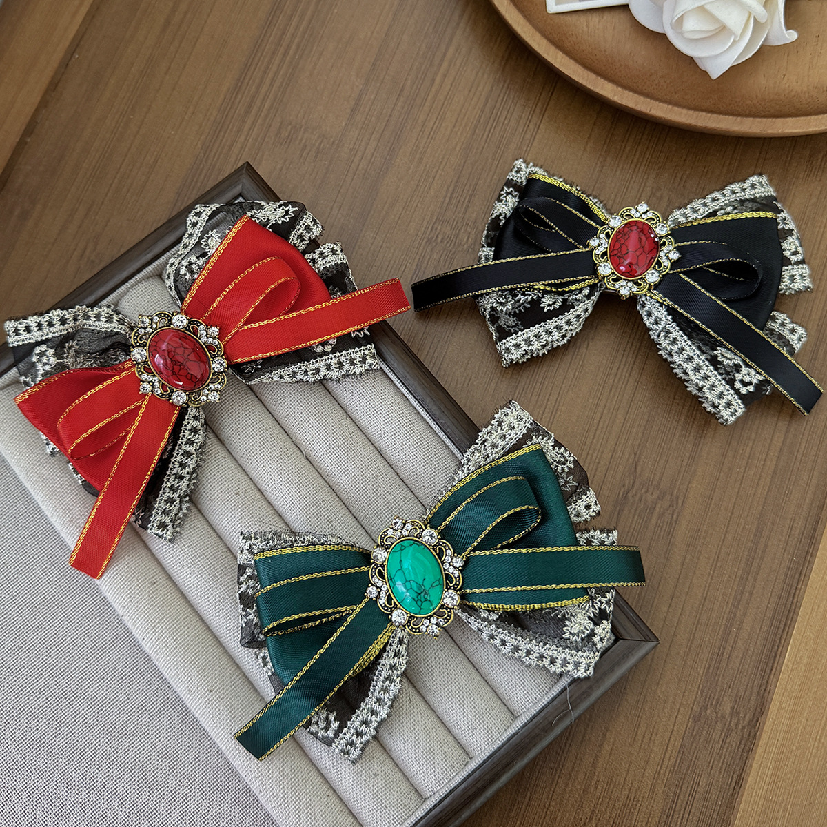 Cross-Border New Gilt Lace Bow Hairpin Women's European and American Gemstone Lolita Side Clip Fashion Hair Accessories