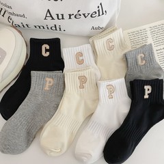 襪子女春夏季白色C字母中筒女襪ins潮淺口黑色低幫刺繡運動短襪