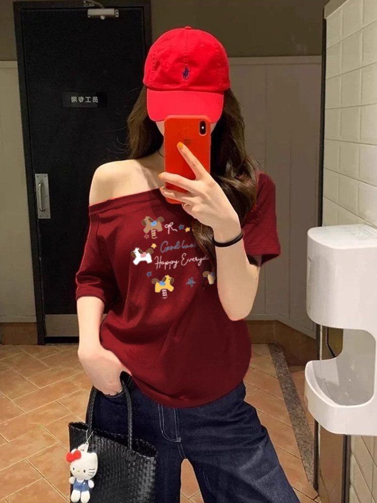 Burgundy Off-Shoulder Short-Sleeve T-Shirt for Women, New Summer Style with Cartoon Pony Print, Casual Loose Top for Women