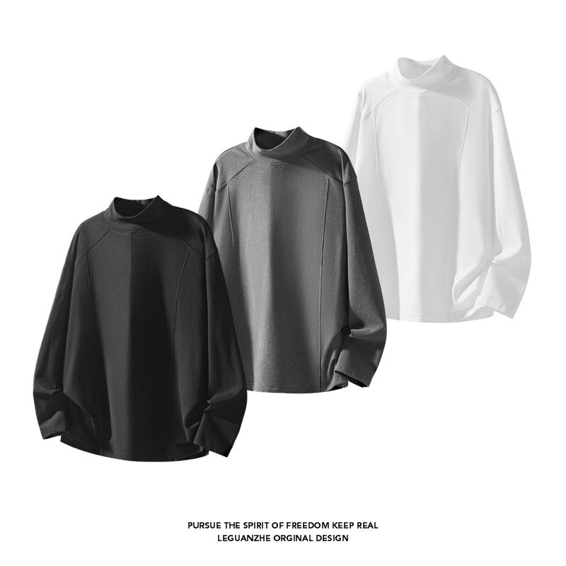 Gray Thermal Base Layer Shirt For Men Spring Spliced Deconstructed Half Turtleneck Sweatshirt Inner Wear American Style_voghion.com
