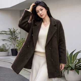 拉绒皮草双面羊绒大衣女装山羊绒羊毛拉毛中长款西装领外套秋冬季