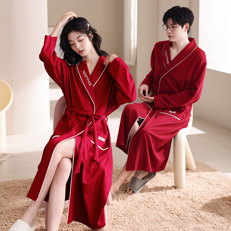 Spring and Autumn Wedding Year Red Nightgown for Men and Women Couple New Pure Cotton Festive Newlywed Long-sleeved Hotel Bathrobe