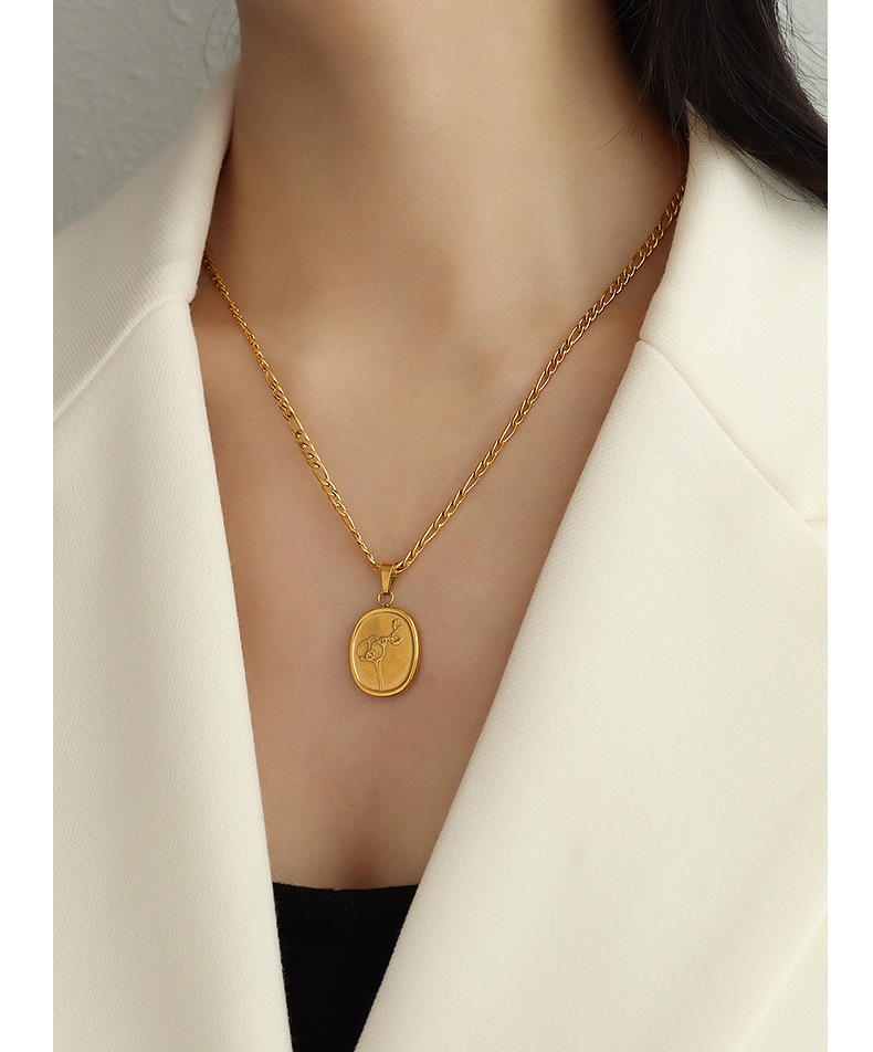 Niche Gold Coin Geometric Oval Pattern Withered Rose Necklace Set_voghion.com