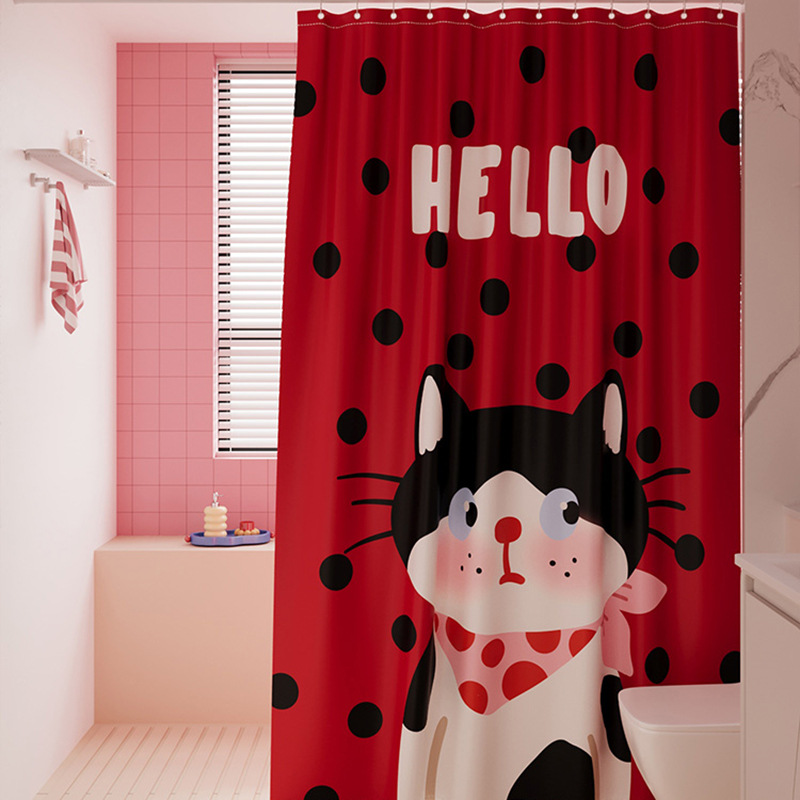 Korean Cartoon Cat Cute Home Bathroom Shower Curtain Waterproof Set Punch-Free Bathroom Toilet Partition Door Curtain