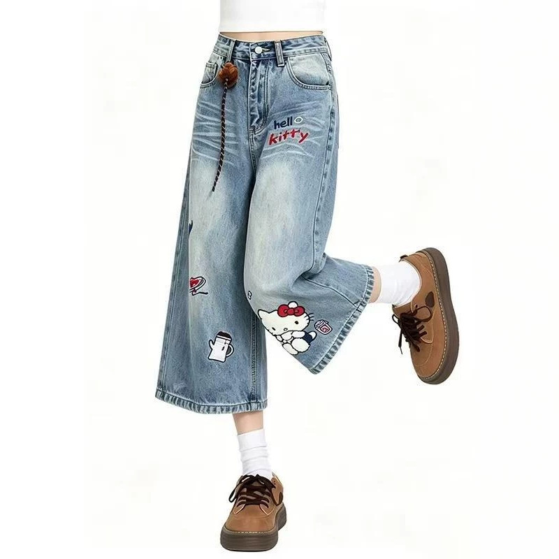 Kitty Cat Embroidered High-Waisted Cropped Jeans for Women, 2026 Summer New Design Short Wide-Leg Pants Kitty Cat Embroidered High-Waisted Cropped Jeans for Women, 2026 Summer New Design Short Wide-Leg Pants