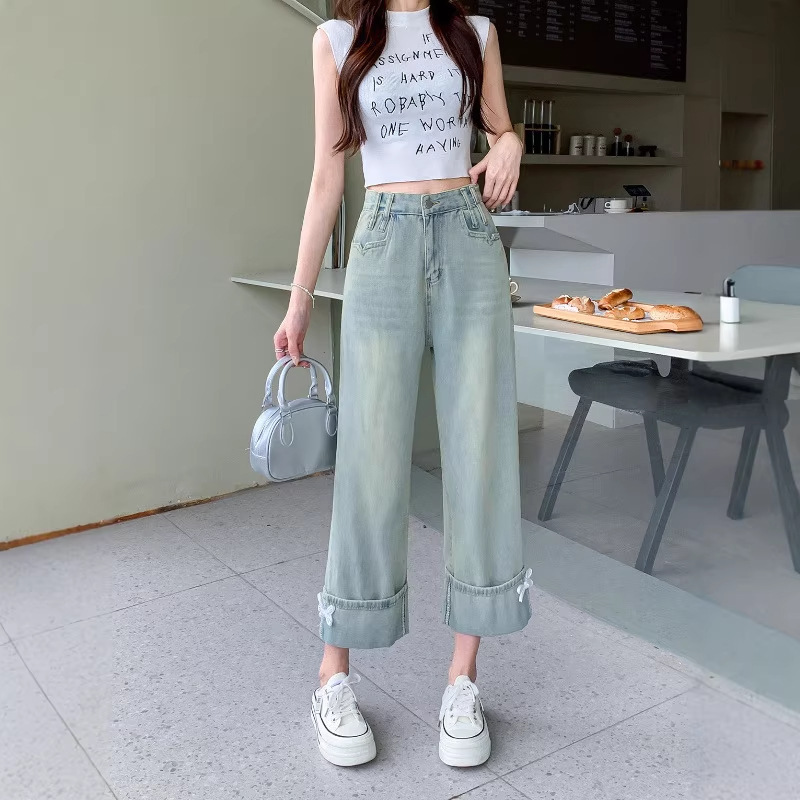 New Chinese-Style Buttoned Cuffed Wide-Leg Jeans for Women, Summer Hong Kong Style, Petite Loose Drapey Cropped Straight Pants