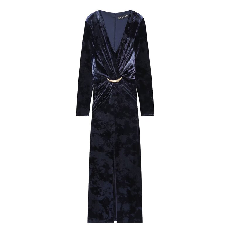 European and American Autum New Women's Elegant Slim V Neck Velvet Long-Sleeved Midi Dress European and American Autum New Women's Elegant Slim V Neck Velvet Long-Sleeved Midi Dress
