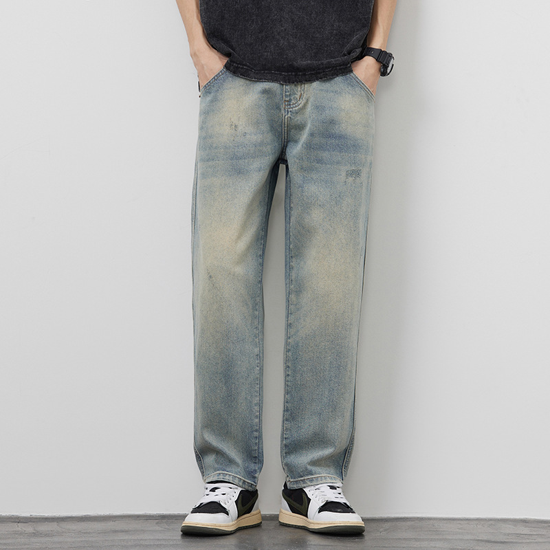 2025 Spring Four Seasons Thin Retro Men's Teenager Fashion Brand Washed Casual Nostalgic Straight Tapered Denim Trousers