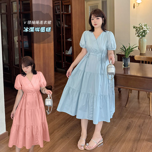 K3080 Plus Size Women's Summer New Elegant Cake Skirt Puff Sleeve Drawstring Waist Long Dress