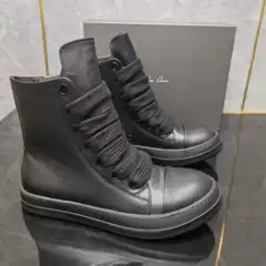 New ro black leather high-top men's shoes wide shoelaces casual trend simple fashion versatile women's shoes for lovers