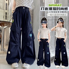 女の子の夏のパンツ 2025 新しい子供の軽量通気性オーバーオール大きな子供の女の子の夏のカジュアルワイドレッグパンツ