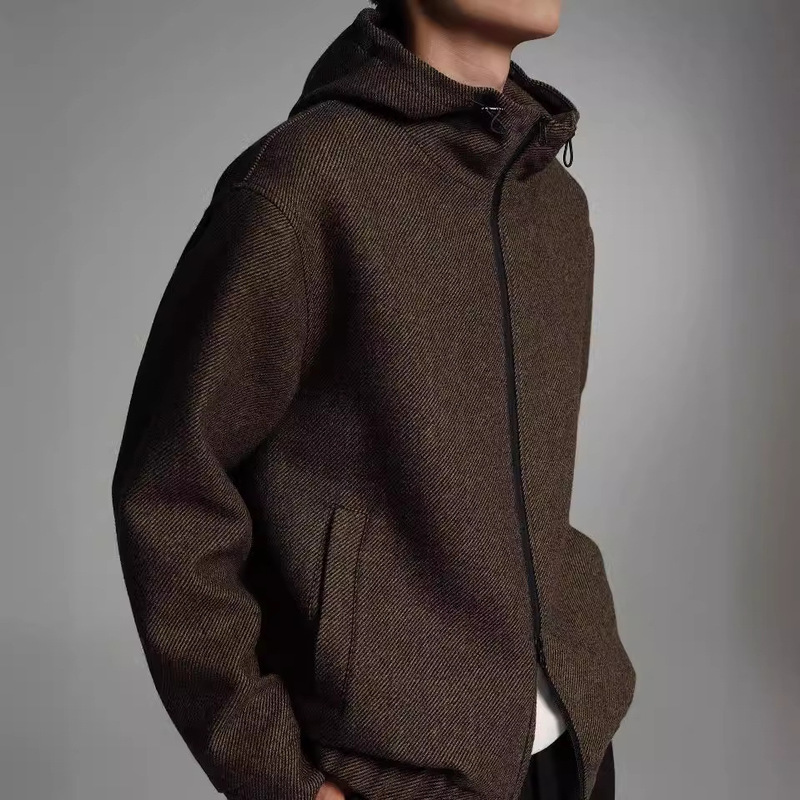 Spot Wool Blended Thick Twill Double Placket Hooded Sweatshirt Style Single-Sided Woolen Jacket for Men in Autumn and Winter