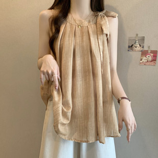 Summer New Design Off-Shoulder Gentle Style Large Size A-Line Top for Fat Girls to Cover the Flesh Loose Linen Vest Top