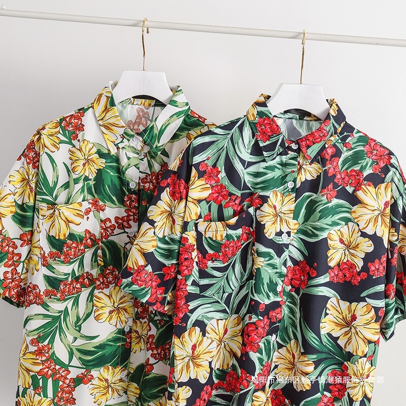 Hawaii Beach Flower Shirt Men's Hong Kong-style Loose All-match Couple's Half Sleeve Shirt Handsome Shirt Coat Internet Popular