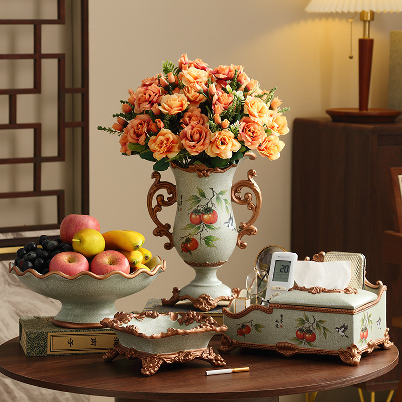 가지 위의 까치 - 시시루이 꽃병 업그레이드 티슈 박스와 과일 접시 4종 세트