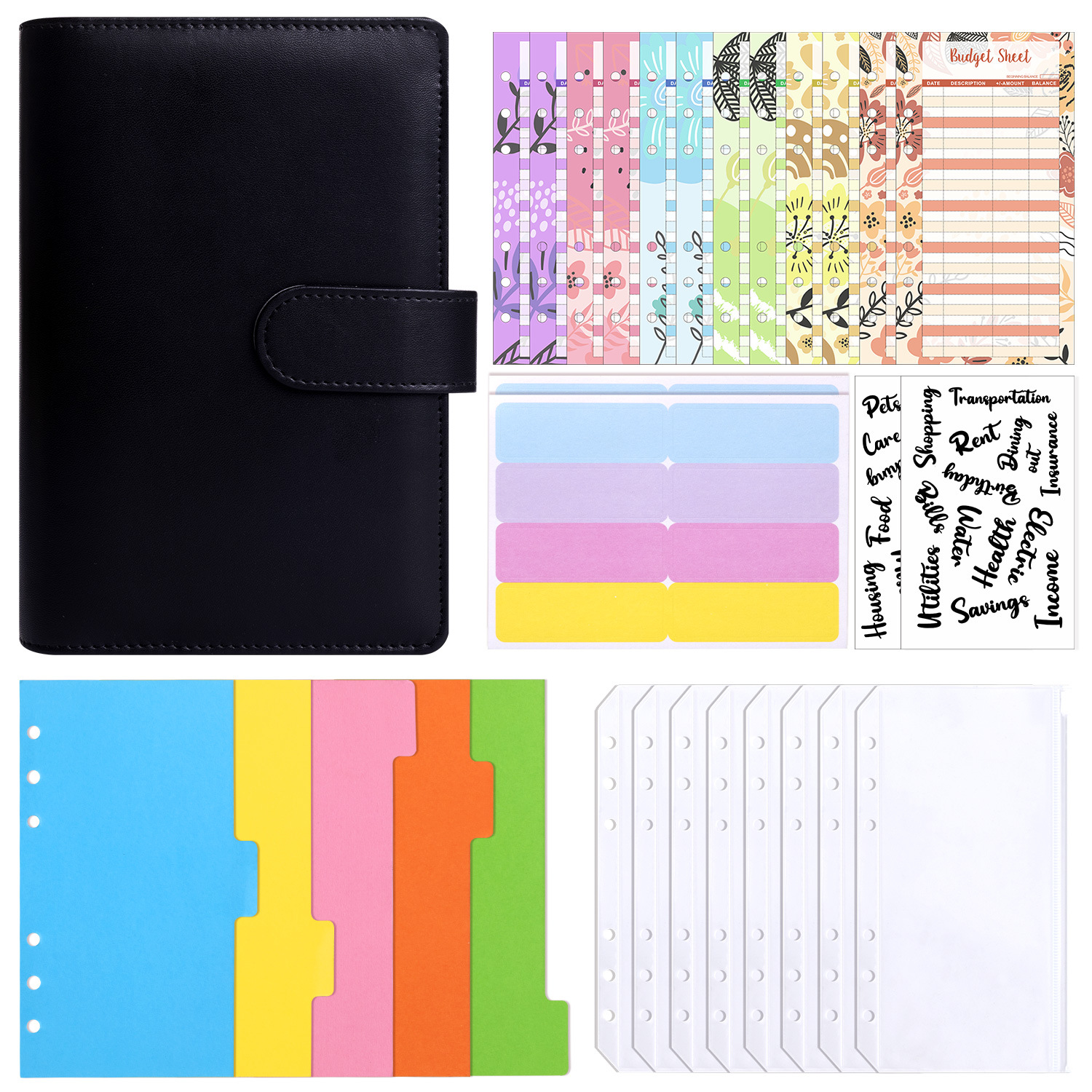 Presupuesto transfronterizo Cash Clip de hojas sueltas Bolsa con cremallera Sobres Libro de cuentas A6 Macarons PU Cuaderno de hojas sueltas de cuero