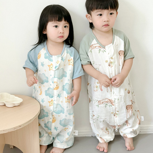 Redange short-sleeved baby pajamas, children's split-leg anti-kick quilt, double-layer bamboo cotton gauze baby sleeping bag for summer