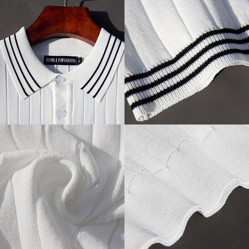 Polo camiseta de punto camiseta de manga corta hombre con solapa rayas viejas camisetas de hielo de negocios de verano fábrica transfronteriza al por mayor