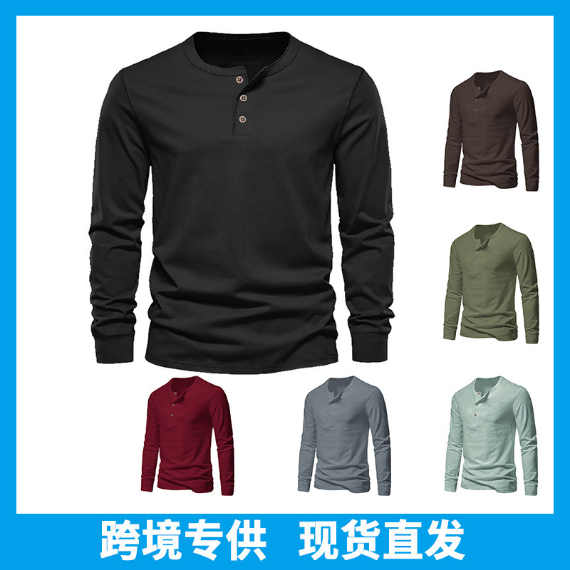 Cross-Border Men's Clothing Spring and Autumn Men's Long-Sleeved T-Shirt American Style Youth Bird-Eye Fabric Quick-Drying T-Shirt Men's Pullover Henley Shirt